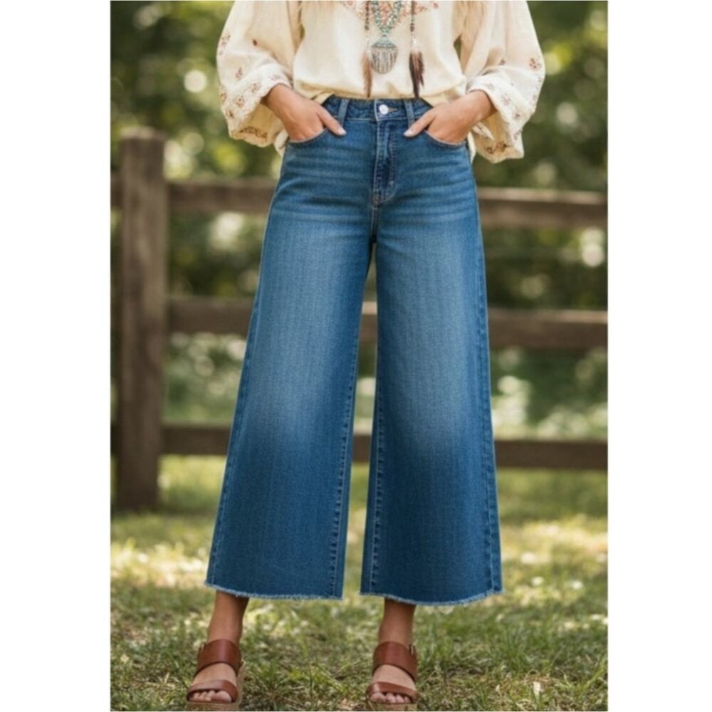 OAT New York Shari High Rise Wide Leg Crop Jeans Raw Hem Size 24 NEW